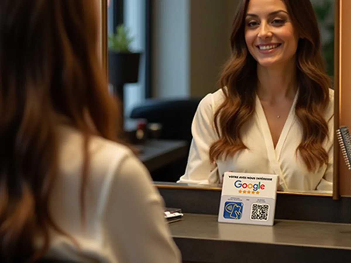 Plaque NFC Google avis chez salon de coiffure